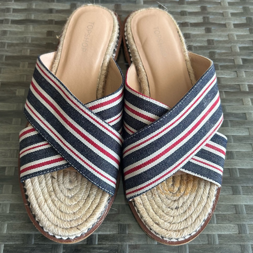 TOPSHOP Hibiscus Espadrille Flat Slide Sandal 6/39 8 Red White Blue Striped